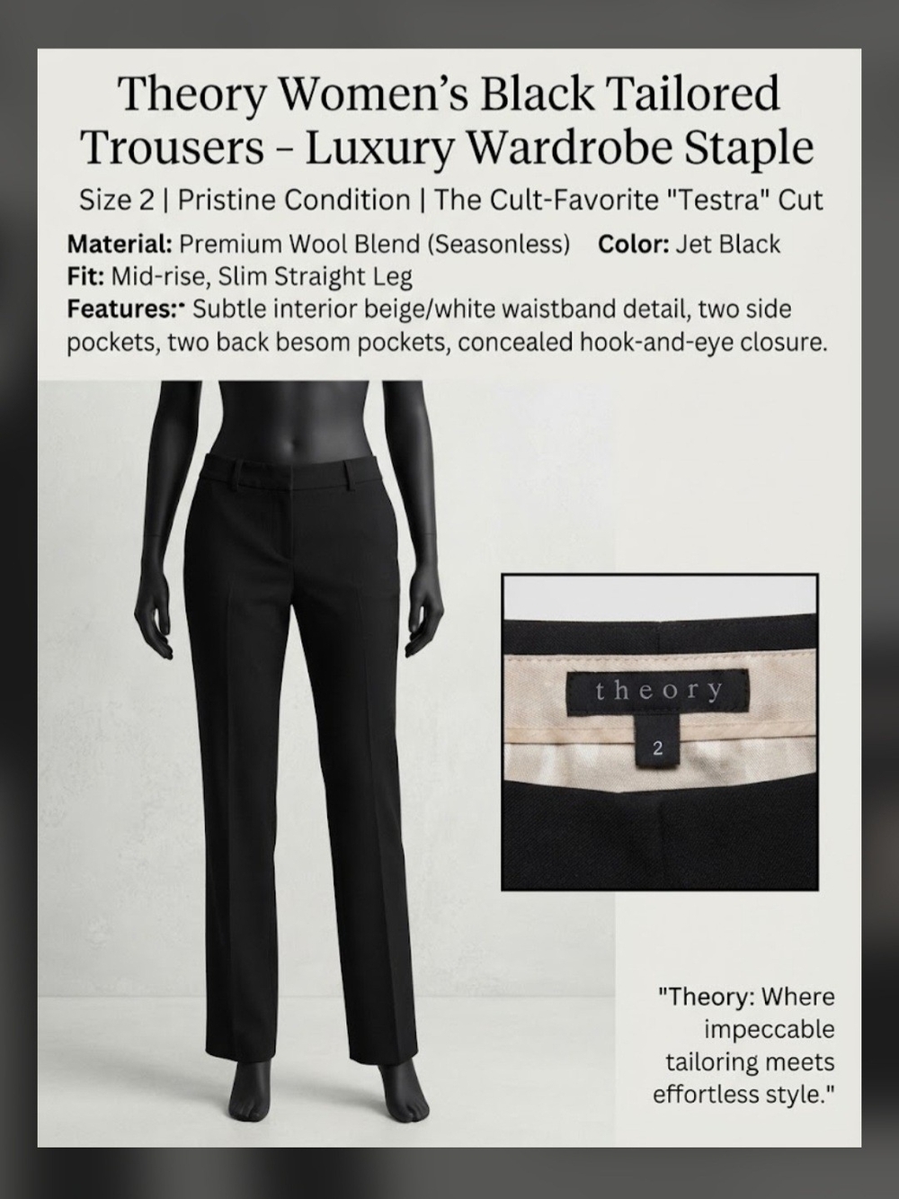 ​Theory Black Tailored Trousers Pants Size 2 Luxury Designer Workwear